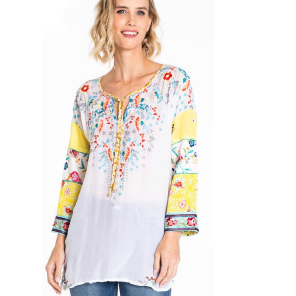 John Mark Mixed Print 3/4 Color Block Sleeve Beaded Tassel Peasant Blouse